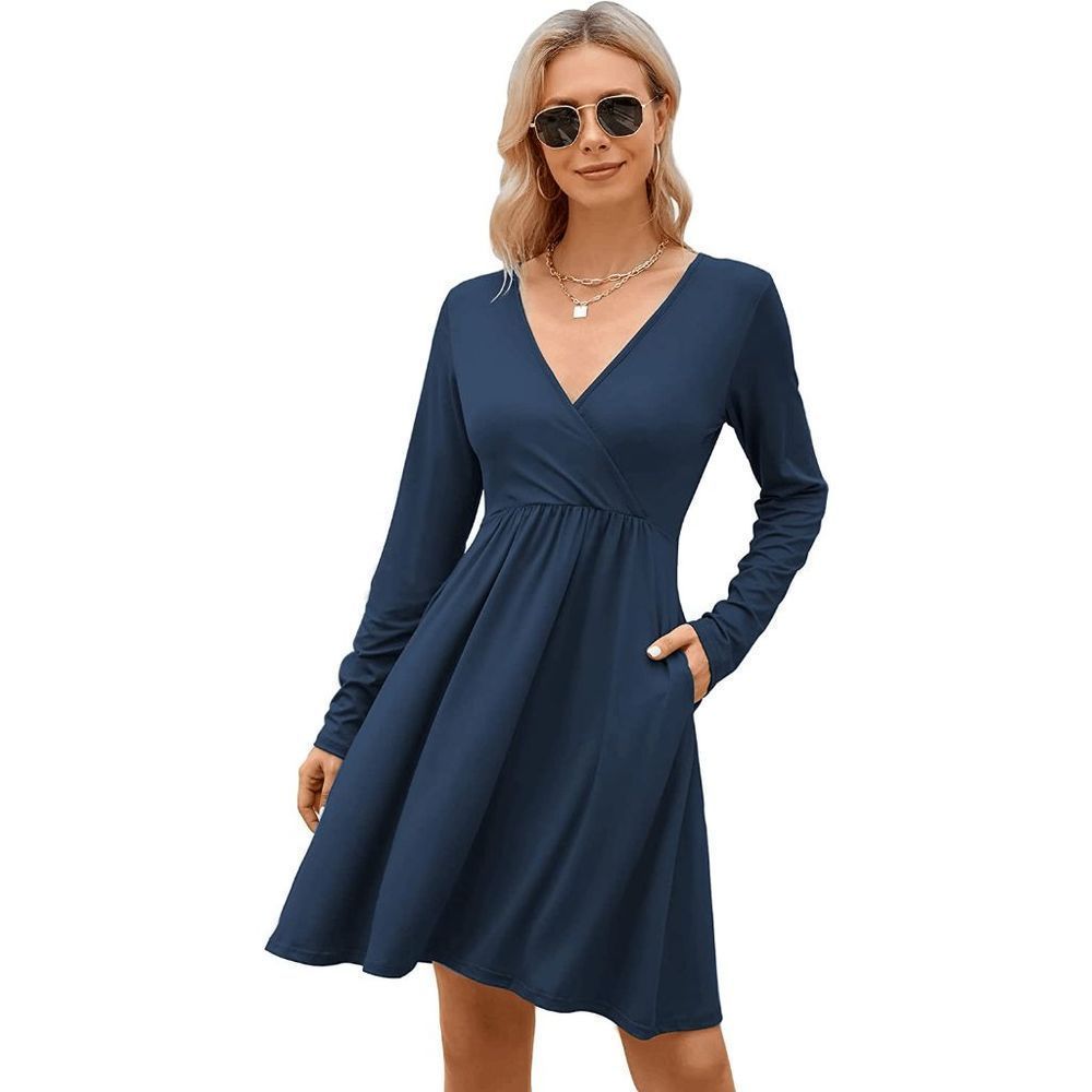 AUSELILY Women's Long Sleeve V-Neck Dress w/ Pockets Navy Blue Size Large